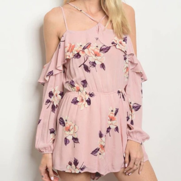 NWT London Blush Off Shoulder Strappy Ruffle Floral Romper Playsuit Small - Picture 3 of 11